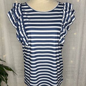 SHEIN Navy and White Striped Flutter Sleeve Blouse